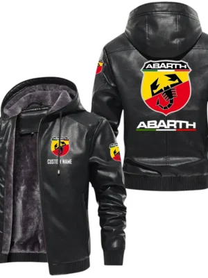 Abarth PU Leather Hooded Jacket, Mens Durable Windproof Keep Warm Soft Velvet Lined Jacket, Custom Name HG280225Y24LJHABA