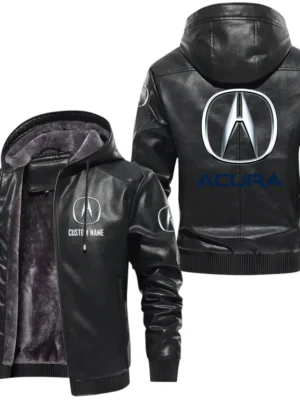 Acura PU Leather Hooded Jacket, Mens Durable Windproof Keep Warm Soft Velvet Lined Jacket, Custom Name HG280225Y24LJHACU