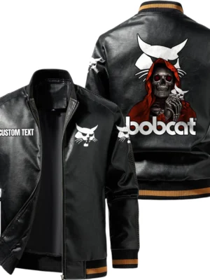 Vintage Bobcat Exclusive Logo Leather Jacket, Classic Ribbed Collar Striped Cuffs, Custom Name TN160325Y12LJ93CT1BOC