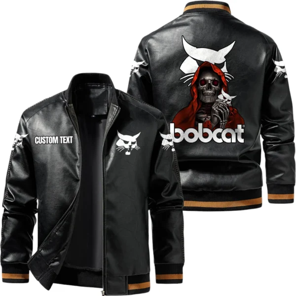 Vintage Bobcat Exclusive Logo Leather Jacket, Classic Ribbed Collar Striped Cuffs, Custom Name TN160325Y12LJ93CT1BOC