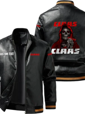 Vintage CLAAS Exclusive Logo Leather Jacket, Classic Ribbed Collar Striped Cuffs, Custom Name TN160325Y12LJ93CT1CLA