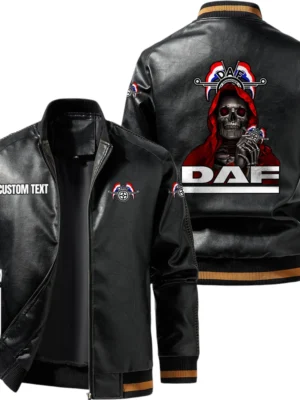 Vintage DAF Exclusive Logo Leather Jacket, Classic Ribbed Collar Striped Cuffs, Custom Name TN160325Y12LJ93CT1DAF