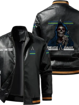 Vintage Deutz Fahr Exclusive Logo Leather Jacket, Classic Ribbed Collar Striped Cuffs, Custom Name TN160325Y12LJ93CT1DEF