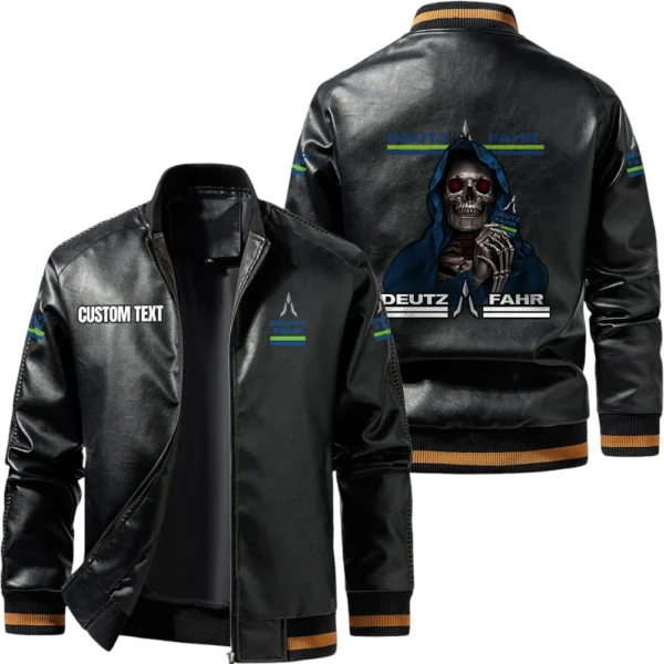 Vintage Deutz Fahr Exclusive Logo Leather Jacket, Classic Ribbed Collar Striped Cuffs, Custom Name TN160325Y12LJ93CT1DEF
