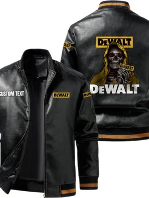 Vintage DeWalt Exclusive Logo Leather Jacket, Classic Ribbed Collar Striped Cuffs, Custom Name TN160325Y12LJ93CT1DEW