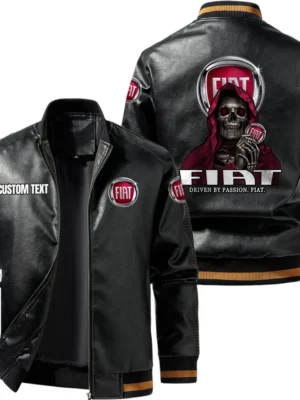 Vintage Fiat Exclusive Logo Leather Jacket, Classic Ribbed Collar Striped Cuffs, Custom Name TN160325Y12LJ93CT1FIA