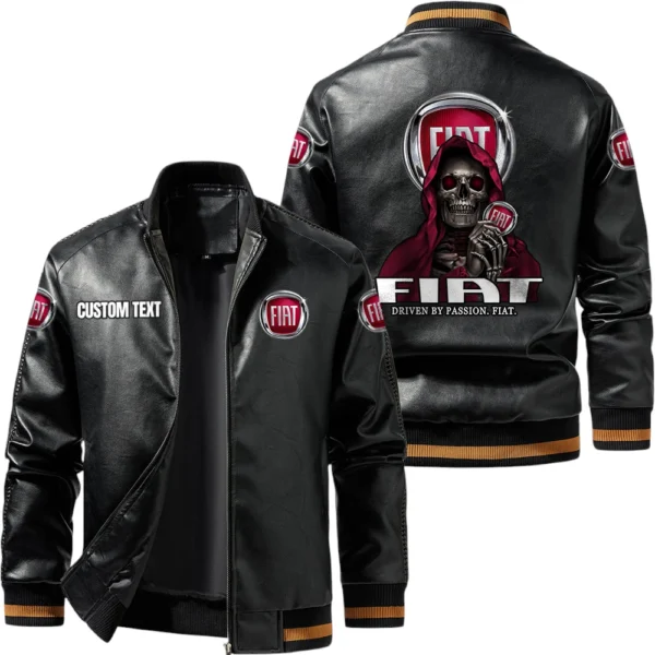 Vintage Fiat Exclusive Logo Leather Jacket, Classic Ribbed Collar Striped Cuffs, Custom Name TN160325Y12LJ93CT1FIA