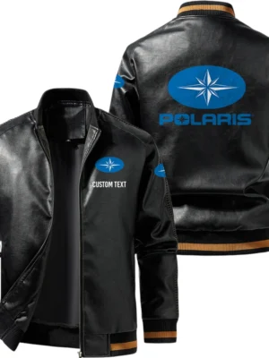 Vintage Polaris Exclusive Logo Leather Jacket, Classic Ribbed Collar Striped Cuffs, Custom Name TN160325Y12LJ93CT1FOL