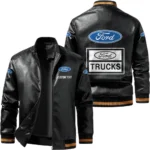 Vintage Ford Trucks Exclusive Logo Leather Jacket, Classic Ribbed Collar Striped Cuffs, Custom Name TN160325Y12LJ93CT1FOT