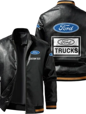 Vintage Ford Trucks Exclusive Logo Leather Jacket, Classic Ribbed Collar Striped Cuffs, Custom Name TN160325Y12LJ93CT1FOT