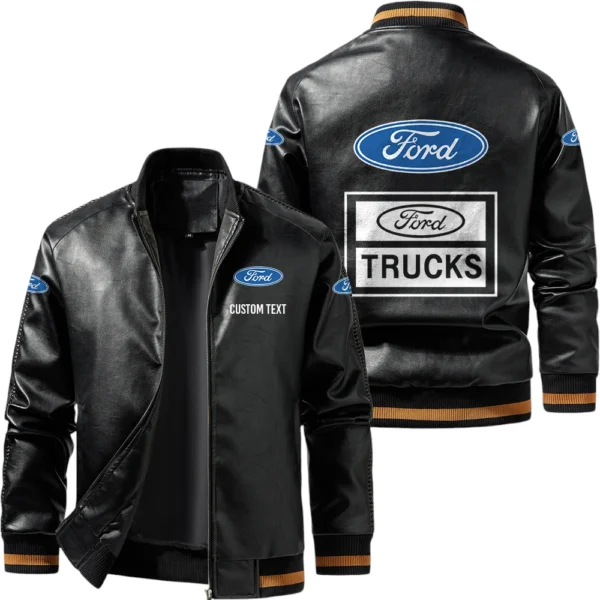 Vintage Ford Trucks Exclusive Logo Leather Jacket, Classic Ribbed Collar Striped Cuffs, Custom Name TN160325Y12LJ93CT1FOT