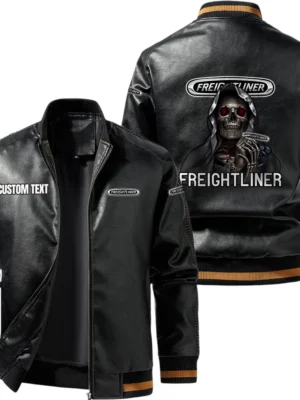 Vintage Freightliner Exclusive Logo Leather Jacket, Classic Ribbed Collar Striped Cuffs, Custom Name TN160325Y12LJ93CT1FRE