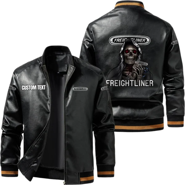 Vintage Freightliner Exclusive Logo Leather Jacket, Classic Ribbed Collar Striped Cuffs, Custom Name TN160325Y12LJ93CT1FRE