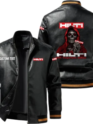 Vintage Hilti Exclusive Logo Leather Jacket, Classic Ribbed Collar Striped Cuffs, Custom Name TN160325Y12LJ93CT1HIL