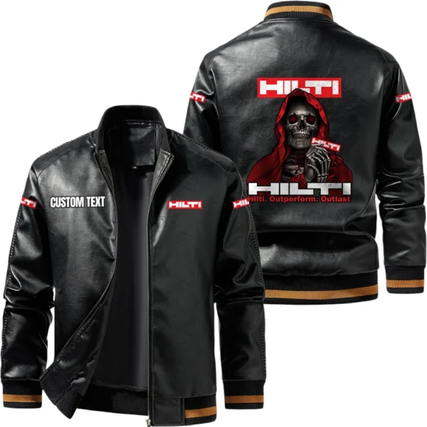 Vintage Hilti Exclusive Logo Leather Jacket, Classic Ribbed Collar Striped Cuffs, Custom Name TN160325Y12LJ93CT1HIL