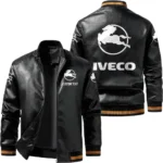Vintage Iveco Exclusive Logo Leather Jacket, Classic Ribbed Collar Striped Cuffs, Custom Name TN160325Y12LJ93CT1IVE