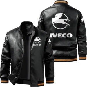 Vintage Iveco Exclusive Logo Leather Jacket, Classic Ribbed Collar Striped Cuffs, Custom Name TN160325Y12LJ93CT1IVE