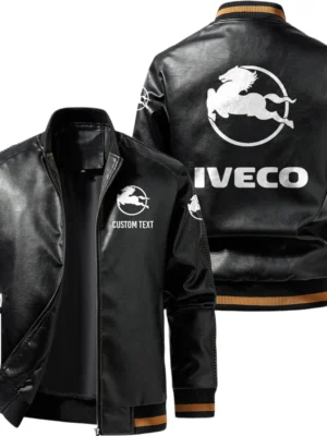 Vintage Iveco Exclusive Logo Leather Jacket, Classic Ribbed Collar Striped Cuffs, Custom Name TN160325Y12LJ93CT1IVE