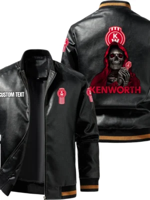 Vintage Kenworth Exclusive Logo Leather Jacket, Classic Ribbed Collar Striped Cuffs, Custom Name TN160325Y12LJ93CT1KEN