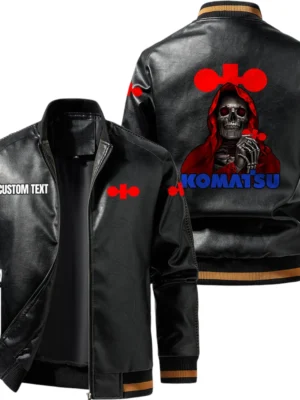 Vintage Komatsu Exclusive Logo Leather Jacket, Classic Ribbed Collar Striped Cuffs, Custom Name TN160325Y12LJ93CT1KOA