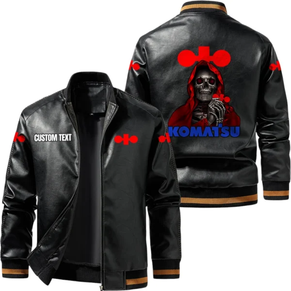 Vintage Komatsu Exclusive Logo Leather Jacket, Classic Ribbed Collar Striped Cuffs, Custom Name TN160325Y12LJ93CT1KOA