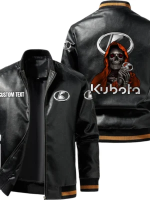 Vintage Kubota Exclusive Logo Leather Jacket, Classic Ribbed Collar Striped Cuffs, Custom Name TN160325Y12LJ93CT1KUB