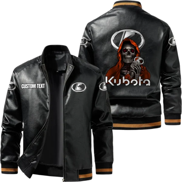 Vintage Kubota Exclusive Logo Leather Jacket, Classic Ribbed Collar Striped Cuffs, Custom Name TN160325Y12LJ93CT1KUB