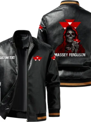 Vintage Massey Ferguson Exclusive Logo Leather Jacket, Classic Ribbed Collar Striped Cuffs, Custom Name TN160325Y12LJ93CT1MAF