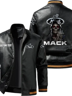 Vintage Mack Trucks Exclusive Logo Leather Jacket, Classic Ribbed Collar Striped Cuffs, Custom Name TN160325Y12LJ93CT1MAT