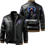 Vintage Scania Exclusive Logo Leather Jacket, Classic Ribbed Collar Striped Cuffs, Custom Name TN160325Y12LJ93CT1SCA