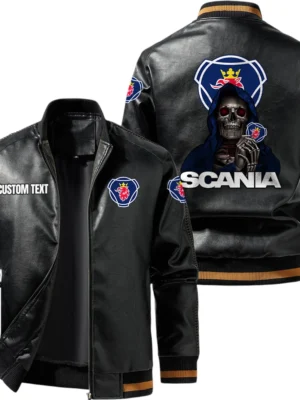 Vintage Scania Exclusive Logo Leather Jacket, Classic Ribbed Collar Striped Cuffs, Custom Name TN160325Y12LJ93CT1SCA