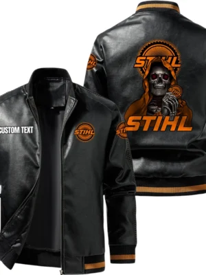 Vintage Stihl Exclusive Logo Leather Jacket, Classic Ribbed Collar Striped Cuffs, Custom Name TN160325Y12LJ93CT1STL