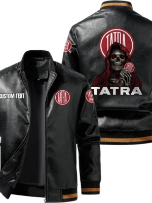 Vintage Tatra Exclusive Logo Leather Jacket, Classic Ribbed Collar Striped Cuffs, Custom Name TN160325Y12LJ93CT1TAT