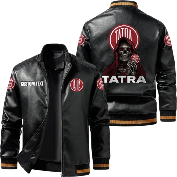Vintage Tatra Exclusive Logo Leather Jacket, Classic Ribbed Collar Striped Cuffs, Custom Name TN160325Y12LJ93CT1TAT
