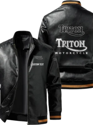 Vintage Triton Exclusive Logo Leather Jacket, Classic Ribbed Collar Striped Cuffs, Custom Name TN160325Y12LJ93CT1TTN
