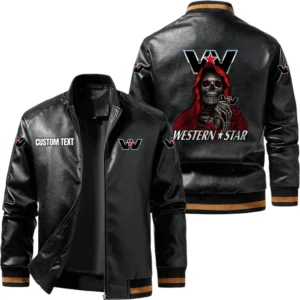 Vintage Western Star Trucks Exclusive Logo Leather Jacket, Classic Ribbed Collar Striped Cuffs, Custom Name TN160325Y12LJ93CT1WST