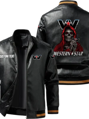 Vintage Western Star Trucks Exclusive Logo Leather Jacket, Classic Ribbed Collar Striped Cuffs, Custom Name TN160325Y12LJ93CT1WST