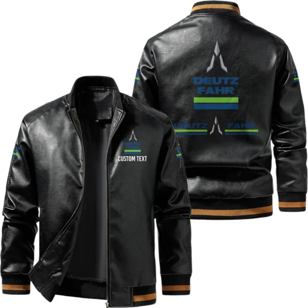 Vintage Deutz Fahr Exclusive Logo Leather Jacket, Classic Ribbed Collar Striped Cuffs, Custom Name TN160325Y12LJ93CT2DEF