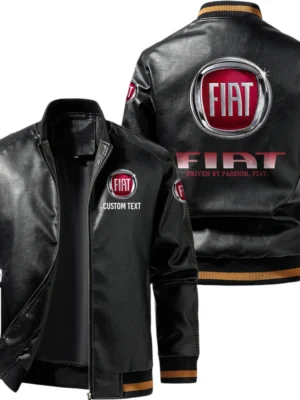 Vintage Fiat Exclusive Logo Leather Jacket, Classic Ribbed Collar Striped Cuffs, Custom Name TN160325Y12LJ93CT2FIA