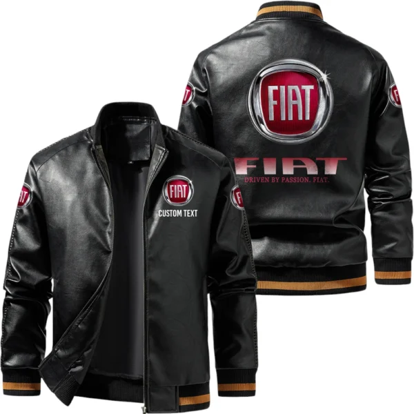Vintage Fiat Exclusive Logo Leather Jacket, Classic Ribbed Collar Striped Cuffs, Custom Name TN160325Y12LJ93CT2FIA