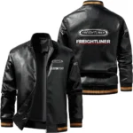 Vintage Freightliner Exclusive Logo Leather Jacket, Classic Ribbed Collar Striped Cuffs, Custom Name TN160325Y12LJ93CT2FRE