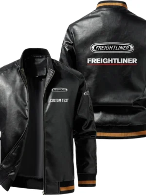 Vintage Freightliner Exclusive Logo Leather Jacket, Classic Ribbed Collar Striped Cuffs, Custom Name TN160325Y12LJ93CT2FRE