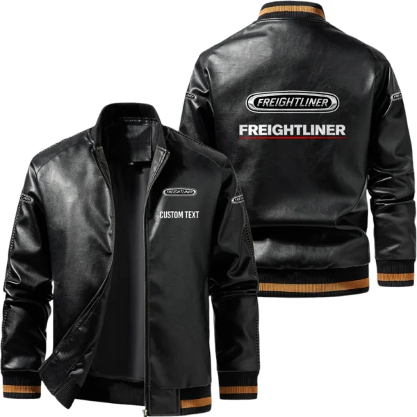 Vintage Freightliner Exclusive Logo Leather Jacket, Classic Ribbed Collar Striped Cuffs, Custom Name TN160325Y12LJ93CT2FRE