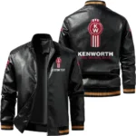 Vintage Kenworth Exclusive Logo Leather Jacket, Classic Ribbed Collar Striped Cuffs, Custom Name TN160325Y12LJ93CT2KEN