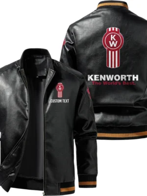 Vintage Kenworth Exclusive Logo Leather Jacket, Classic Ribbed Collar Striped Cuffs, Custom Name TN160325Y12LJ93CT2KEN