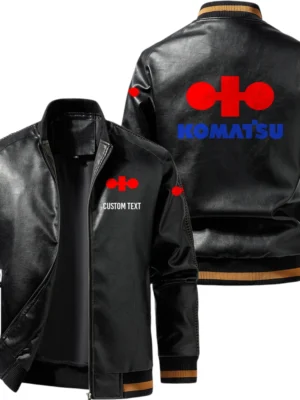 Vintage Komatsu Exclusive Logo Leather Jacket, Classic Ribbed Collar Striped Cuffs, Custom Name TN160325Y12LJ93CT2KOA