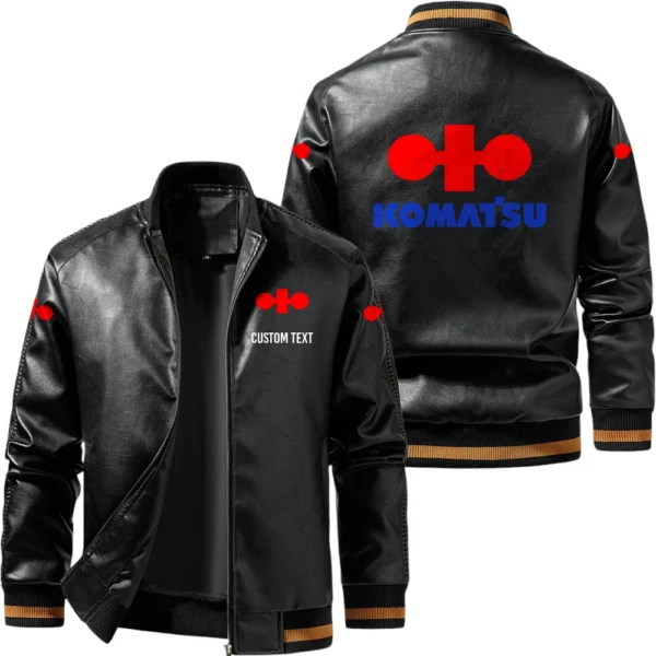 Vintage Komatsu Exclusive Logo Leather Jacket, Classic Ribbed Collar Striped Cuffs, Custom Name TN160325Y12LJ93CT2KOA