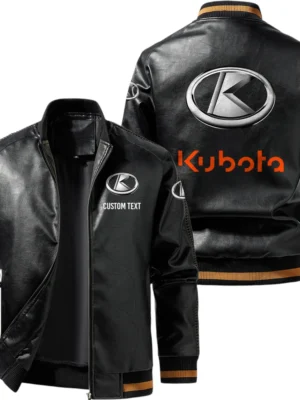 Vintage Kubota Exclusive Logo Leather Jacket, Classic Ribbed Collar Striped Cuffs, Custom Name TN160325Y12LJ93CT2KUB