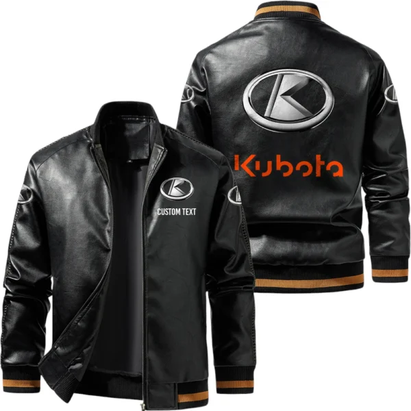 Vintage Kubota Exclusive Logo Leather Jacket, Classic Ribbed Collar Striped Cuffs, Custom Name TN160325Y12LJ93CT2KUB