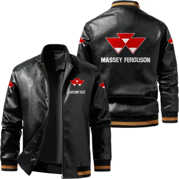 Vintage Massey Ferguson Exclusive Logo Leather Jacket, Classic Ribbed Collar Striped Cuffs, Custom Name TN160325Y12LJ93CT2MAF